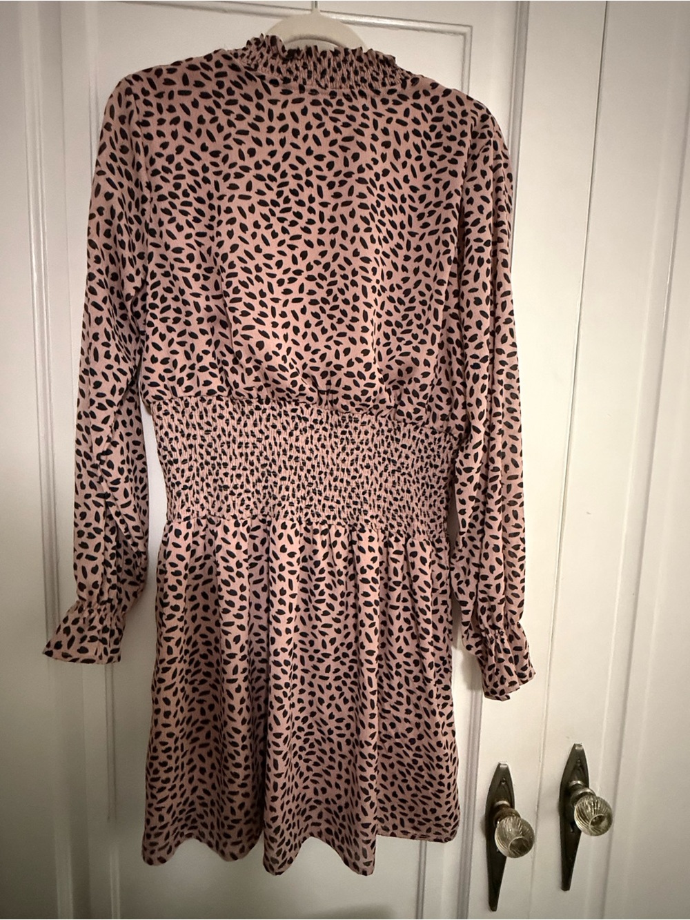 She + Sky Pink Leopard-Print Long Sleeve Smocked Dress